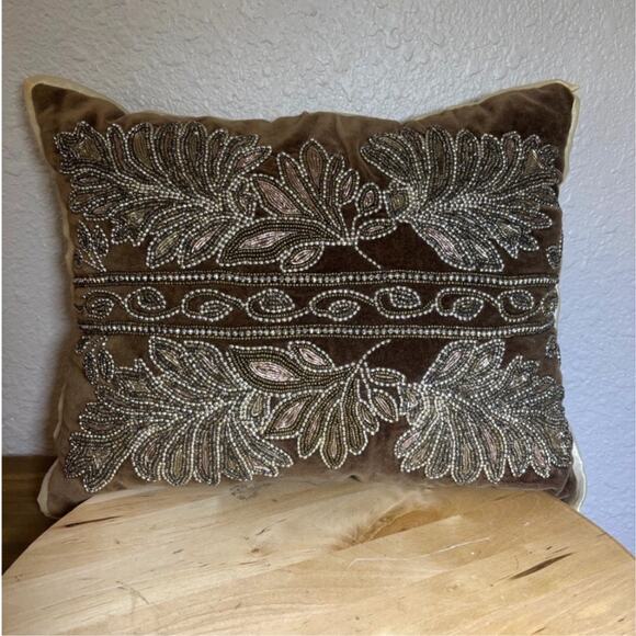 Pier 1 Brown and Gold Beaded Rectangular Shiny Pillow 15 x 12 - Picture 5 of 12